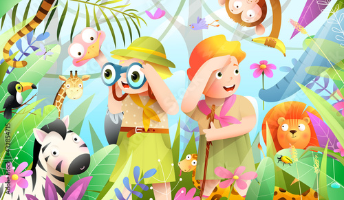 Girl and Boy scout kids in African jungle adventure, little explorers hiking expedition in the forest. Jungle animals hiding from scouts in forest. Watercolor style vector cartoon for kids.