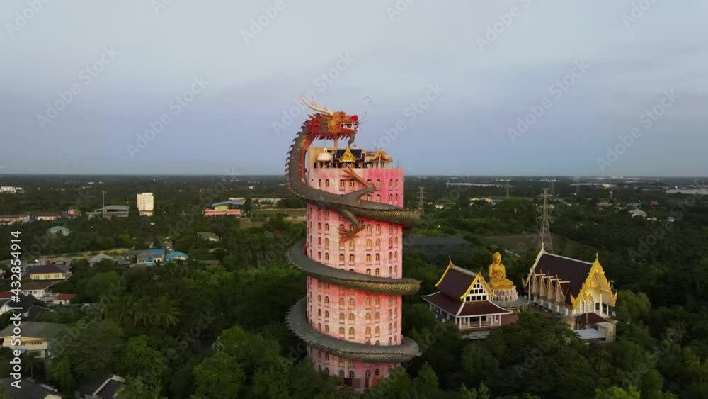 Aerial view from drone footage above the dragon temple called Wat Sampran in Nakhon Phathom, Thailand.