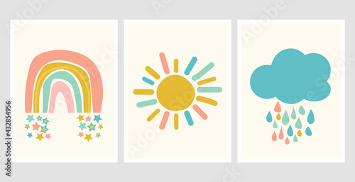 Scandinavian style cute posters with rainbow, cloud and sun. Childish drawing for nursery design. Fun doodle rainbow. Hand drawn illustration. Scandinavian nursery design.