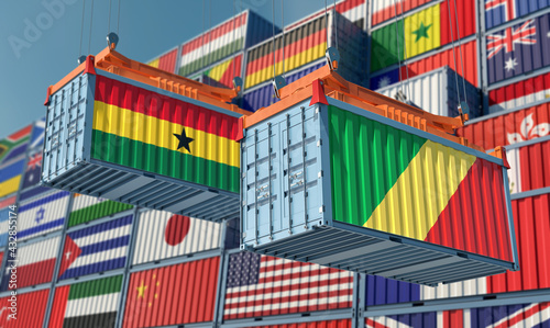 Freight containers with Republic of the Congo and Ghana national flags. 3D Rendering