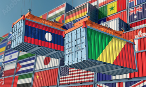 Freight containers with Republic of the Congo and Laos national flags. 3D Rendering