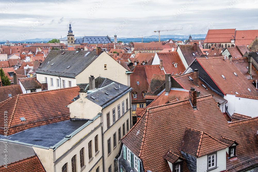 Panoramic view of Bamberg historic center from Bamberger Rose garden. Bamberg, Upper Franconia, Germany.