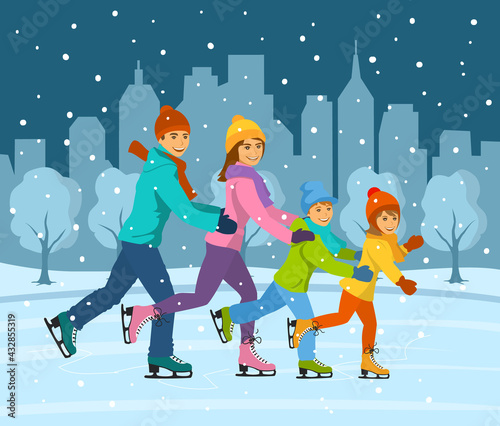 Happy smiling family, woman, man, boy and girl ice skating together on ice rink having fun. Cityscape background with buildings and snow trees