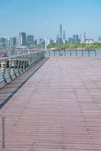 A pier along the Huangpu river in Shanghai, China. © Zimu