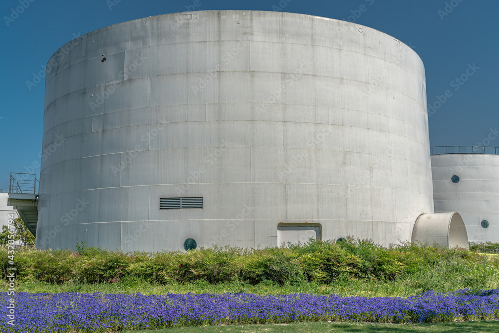 Exterior of a remodeled oil tank, modern architecture in Shanghai, China.