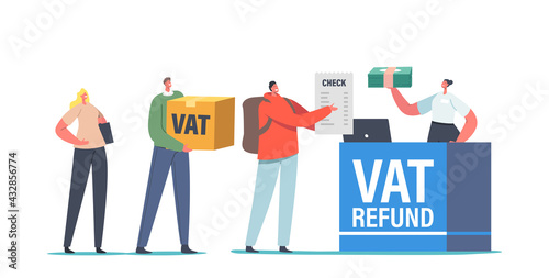 People Standing at Airport Value Added Tax Refund Counter Desk for Purchasing Abroad. Characters Buying Goods