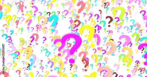 Many colored 3D question mark symbols, descend, on white background.