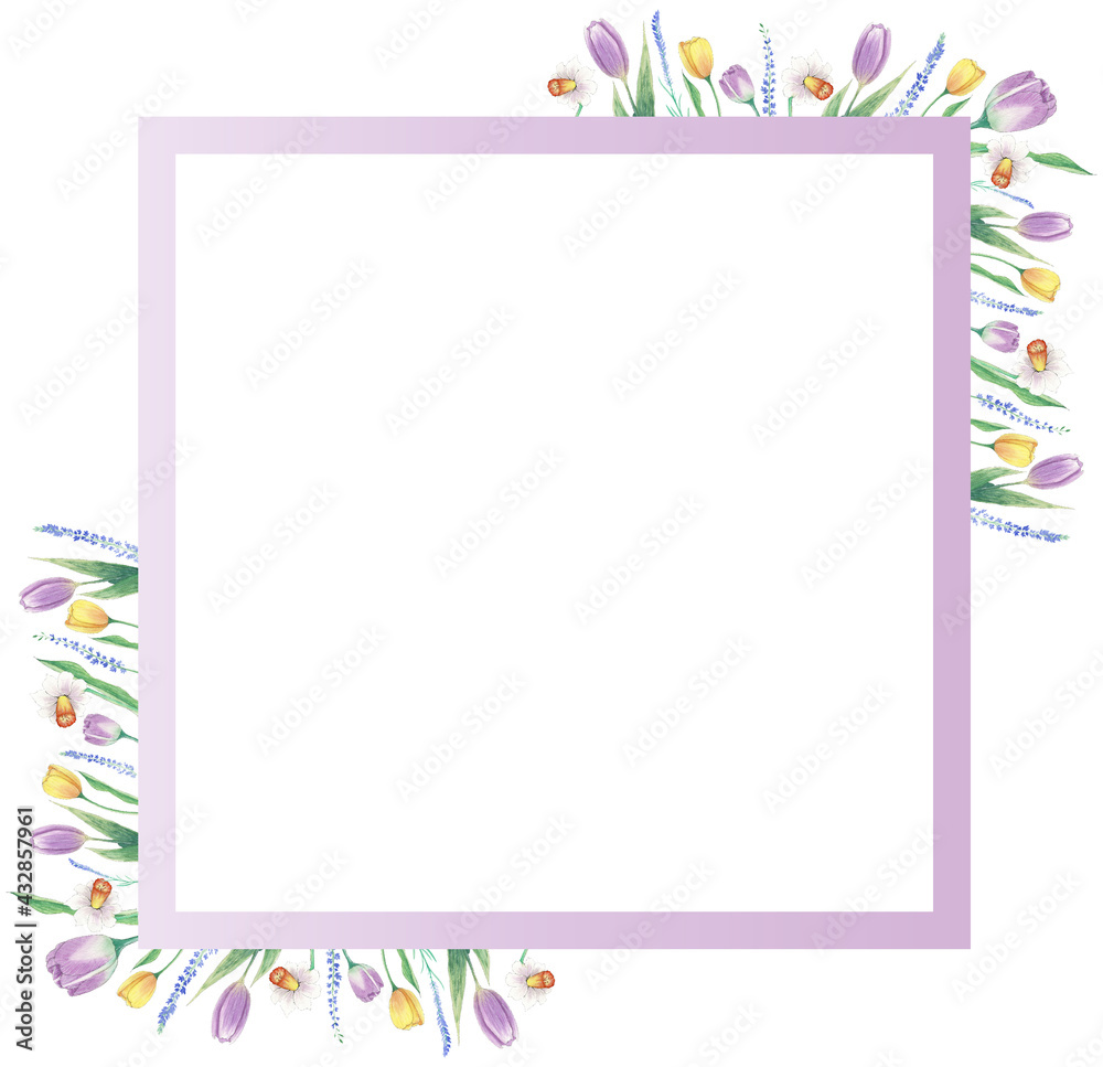 Aquarelle floral copy space frame with flowers around the square. Watercolor hand painted square greeting card for wedding, easter, birthday, holidays. Frame with purple tulips.