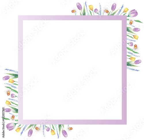 Aquarelle floral copy space frame with flowers around the square. Watercolor hand painted square greeting card for wedding, easter, birthday, holidays. Frame with purple tulips.