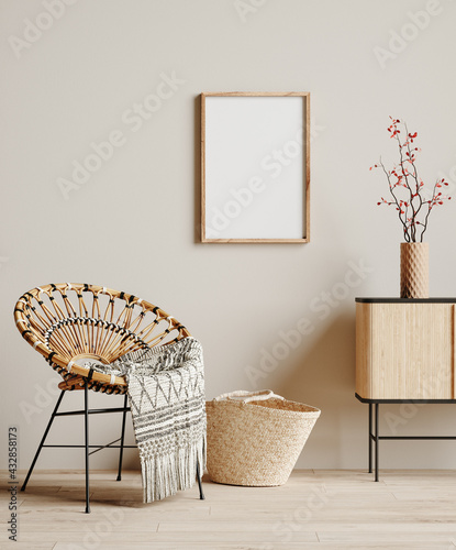 Mock up frame in cozy beige home interior background, Boho style, 3d render