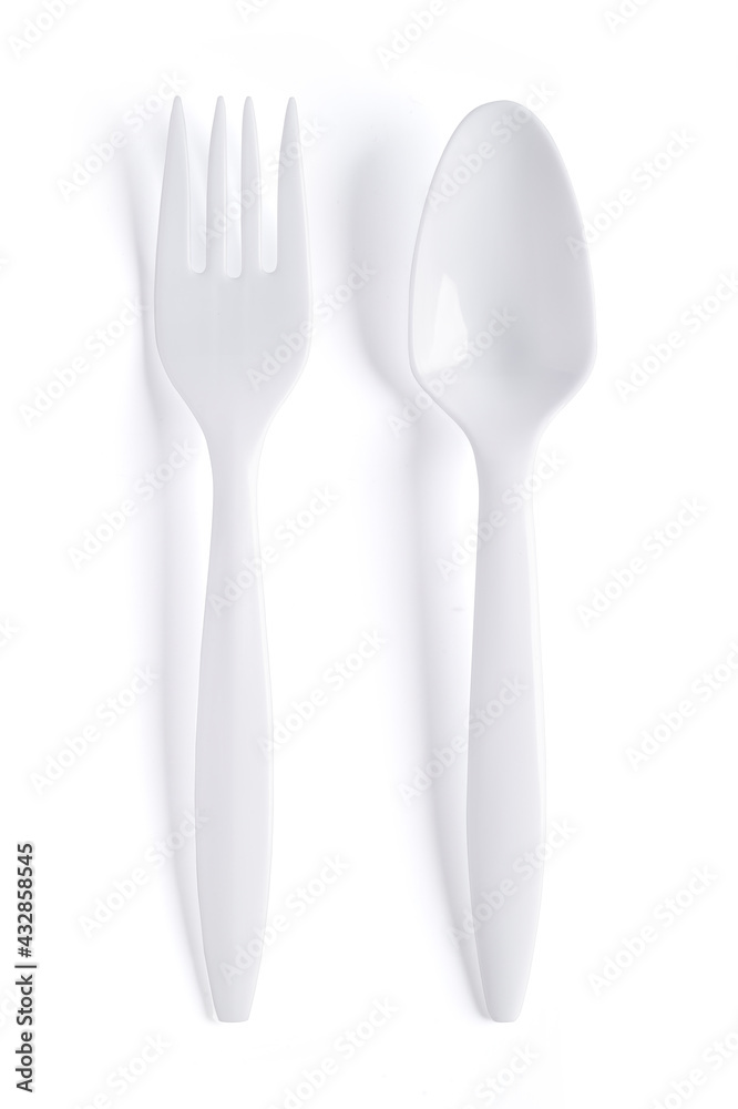 Top view, Spoon and fork plastic recycle isolated on white background Top view, Spoon and fork plastic recycle isolated on white background