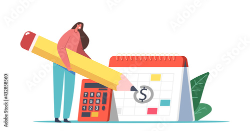 VAT, Value Added Tax Finance Concept. Tiny Female Character Round Date in Huge Calendar, Taxation Payment Deadline