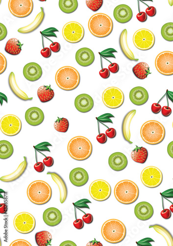 Fototapeta Naklejka Na Ścianę i Meble -  Seameless fresh Pattern with Fruit Cherries, Banana, Lemon Orange and Strawberry on White Background.