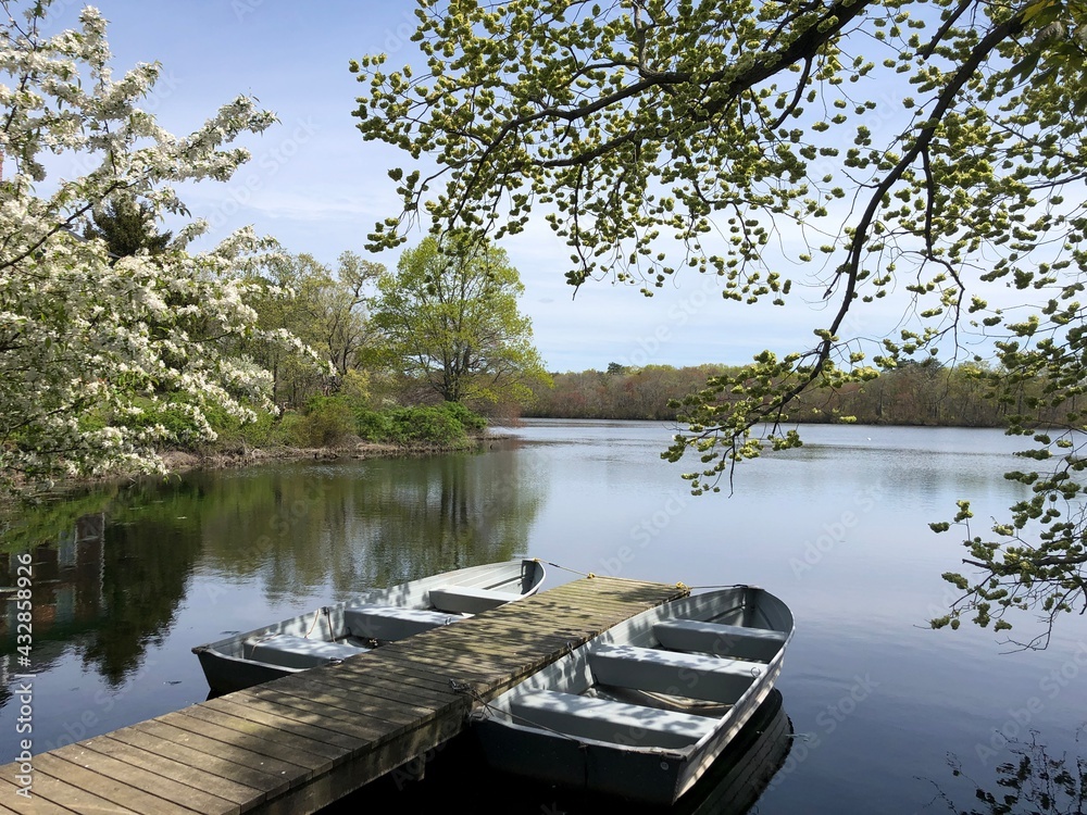 Two row boats docked on the pond at Connetquot River State Park Preserve on Mother's Day on Long Island, New York