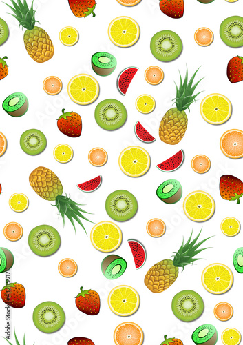 Fototapeta Naklejka Na Ścianę i Meble -   Seameless fresh Pattern with Fruit Pineapple Watermelon Lemon Orange Kiwi and Strawberry on White Background.
