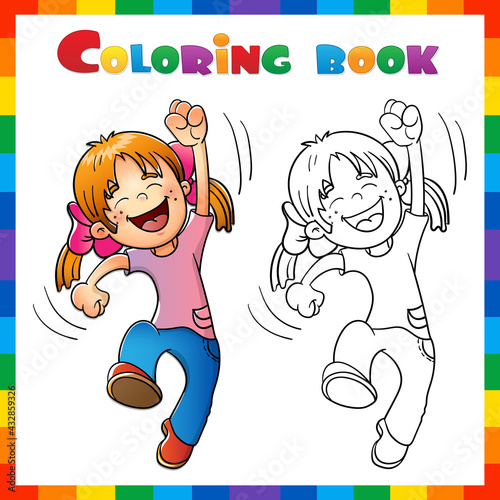 Coloring Page Outline of cartoon jumping girl. Coloring Book for kids.