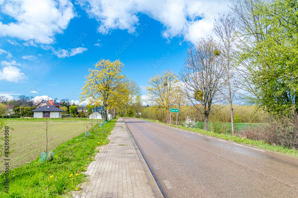 Entrance road to Trabki Wielkie village in Poland.