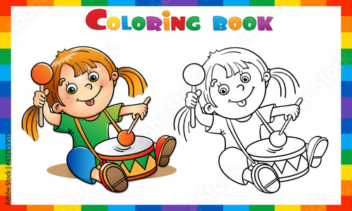 Coloring Page Outline of cartoon girl playing the drum. Coloring Book for kids.