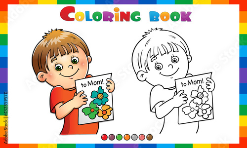 Coloring Page Outline of cartoon boy with a picture. Mother's day. Coloring Book for kids.