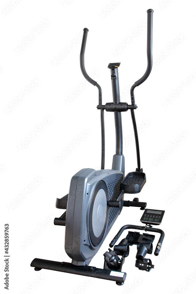 Assembly of a crosstrainer with stabilisers (feet), front column on main frame and handrail arms with treads already completed. Followed by handle with hand pulse sensors, console with tablet holder a Assembly of a crosstrainer with stabilisers (feet), front column on main frame and handrail arms with treads already completed. Followed by handle with hand pulse sensors, console with tablet holder a