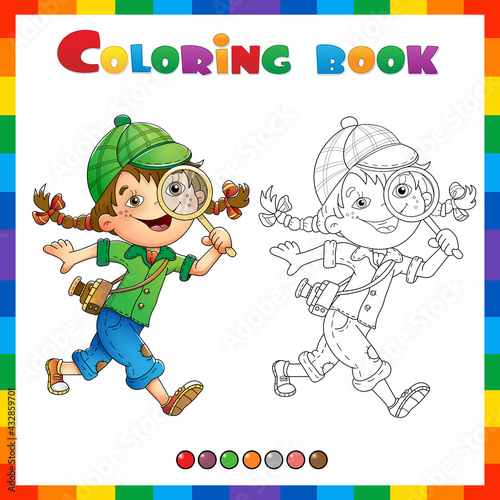 Coloring Page Outline Of cartoon girl detective with loupe. Coloring Book for kids.