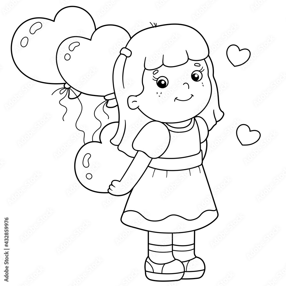 Coloring Page Outline of cartoon girl with heart and balloons. Valentine's day. Coloring Book for kids. Coloring Page Outline of cartoon girl with heart and balloons. Valentine's day. Coloring Book for kids.