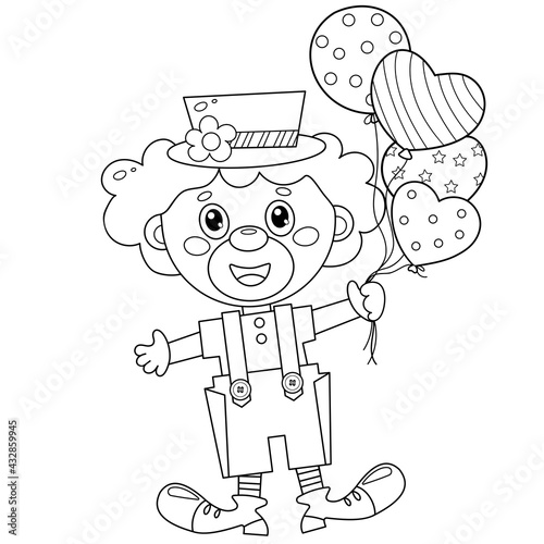 Coloring Page Outline of cartoon circus clown with balloons and gifts. Birthday. Coloring Book for kids.