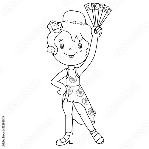 Coloring Page Outline Of cartoon girl dancing spanish tango. Coloring Book for kids.