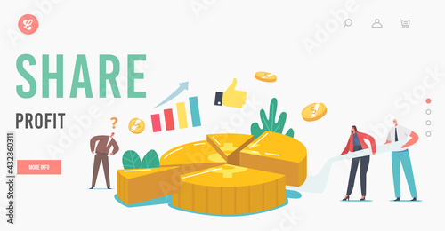 Business Stakeholders Commercial Benefit Landing Page Template. Tiny Shareholder Characters Cutting Huge Money Pie