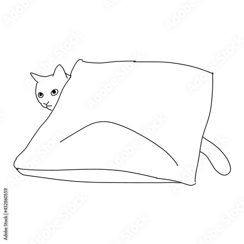 猫の線画全身イラスト　クッションに隠れる猫