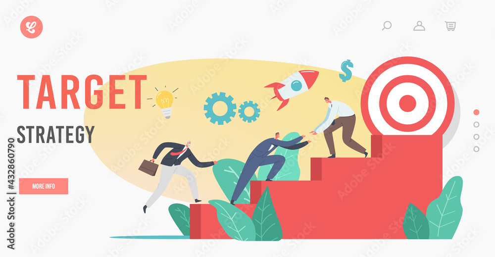 Target Strategy Landing Page Template. Businessmen Characters Climb Up Ladder, Rising Up to Financial Success, Challenge Target Strategy Landing Page Template. Businessmen Characters Climb Up Ladder, Rising Up to Financial Success, Challenge