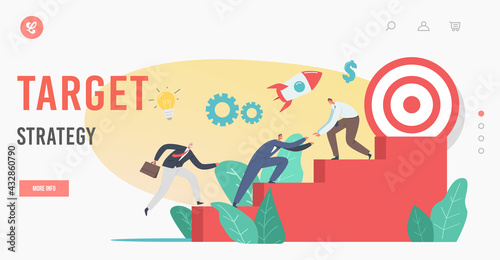Target Strategy Landing Page Template. Businessmen Characters Climb Up Ladder, Rising Up to Financial Success, Challenge
