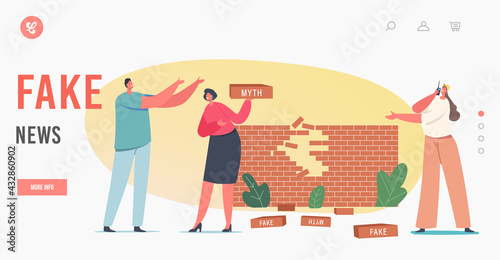 Fake News Landing Page Template. Characters at Myths and Facts Wall, Information Accuracy, Trust and Honest Data Source