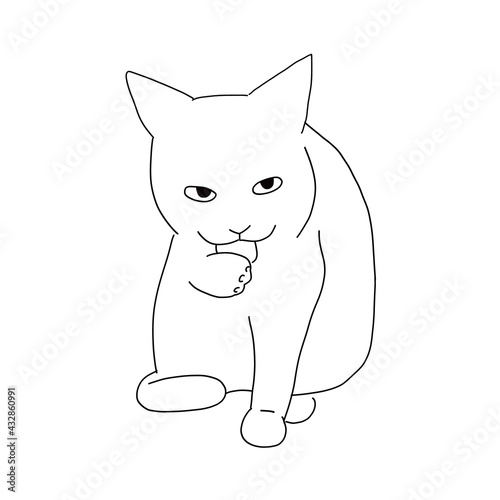 猫の全身イラスト　毛づくろい中の猫　手を舐める