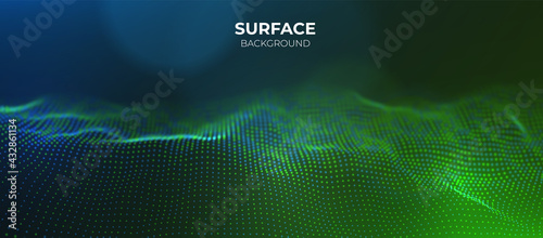 Dynamic blue and green dot landscape. Abstract digital wave background. Network data structure. Point grid visualization. Technology vector illustration.