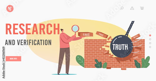 Research and Verification Landing Page Template. Myths and Facts Information. Female Character with Magnifying Glass