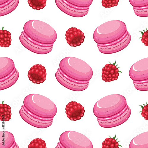 Seamless vector pattern with raspberry macaroni cake and raspberries. Vector illustration.
