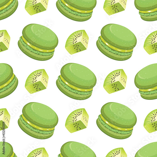 Seamless vector pattern with macaroni cake and kiwi slices. Vector illustration.