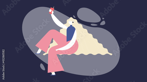 Modern girl with long, curly hair holding a drink while smiling