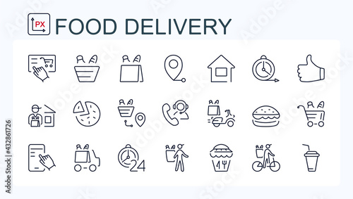A set of vector web icons from the Internet for online ordering and delivery of food and goods.