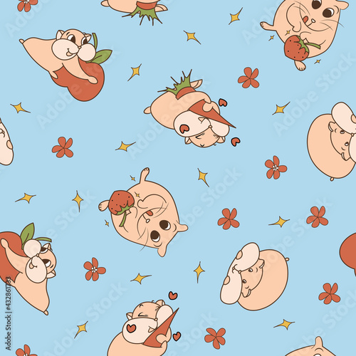 Happy hamster colorful and cute blue seamless pattern