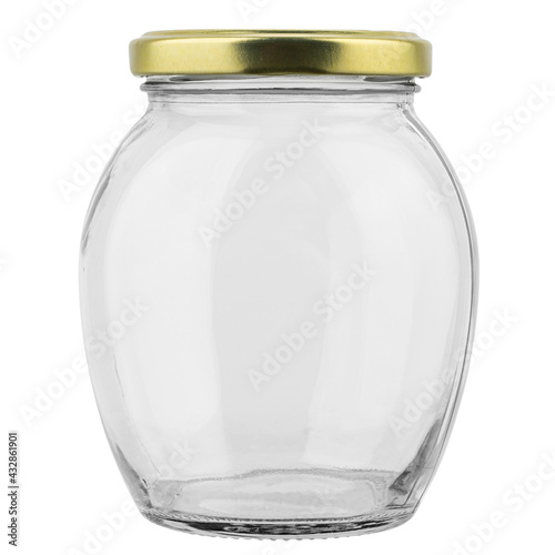 Empty jar with golden cap. Food preservation concept.