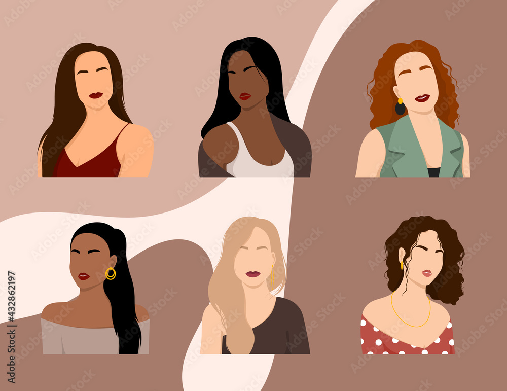 Set of abstract woman portraits isolated on white background. Set of female silhouettes. Vector illustration isolated on white. Flat design. Pastel colors. Set of abstract woman portraits isolated on white background. Set of female silhouettes. Vector illustration isolated on white. Flat design. Pastel colors.