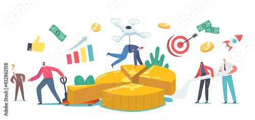 Profit Share Concept. Tiny Businessmen or Businesswomen Characters Stand at Huge Pie Chart Showing Partners Money Shares