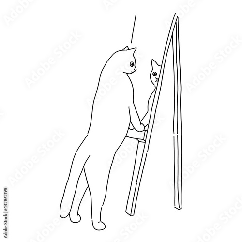 猫の全身イラスト　鏡を見ている猫