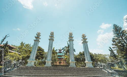 Beautiful view of Hoa Nghiem Pagoda in Bao loc city, Lam Dong province, Vietnam. Text in photos mean Hoa Nghiem pagoda, name of this pagoda (Vietnamese language) photo