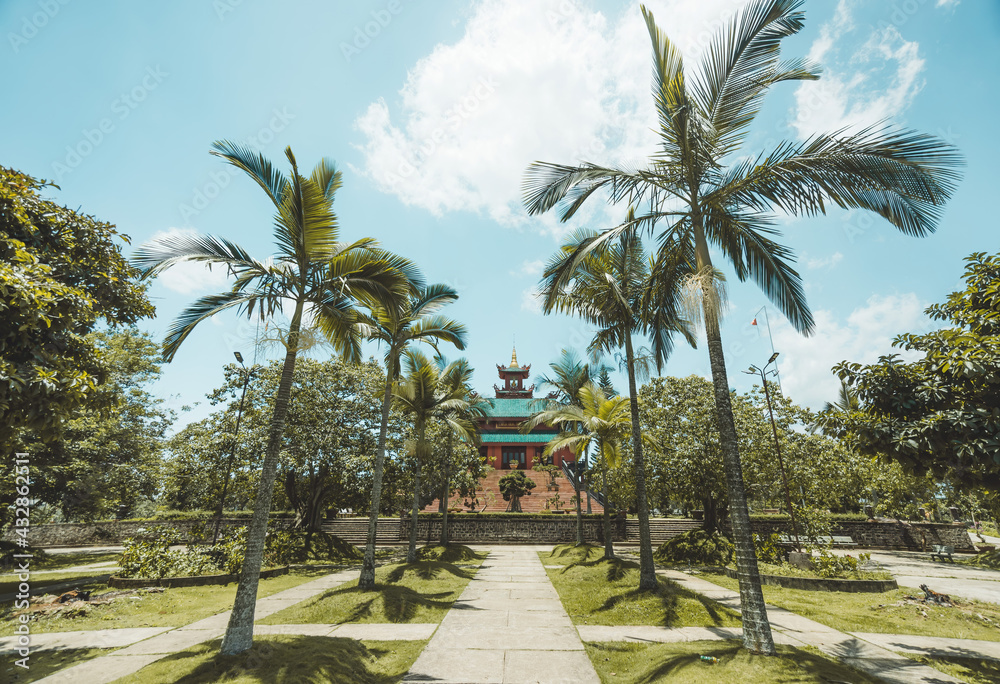 Beautiful view of Hoa Nghiem Pagoda in Bao loc city, Lam Dong province, Vietnam. Text in photos mean Hoa Nghiem pagoda, name of this pagoda (Vietnamese language) Beautiful view of Hoa Nghiem Pagoda in Bao loc city, Lam Dong province, Vietnam. Text in photos mean Hoa Nghiem pagoda, name of this pagoda (Vietnamese language)