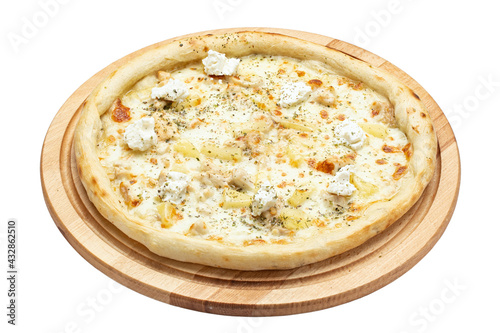 Delicious pizza with pineapple, chicken and ricotta cheese served on a wooden plate isolated on a white background. Concept for advertising flyer and poster for restaurants or pizzerias. 