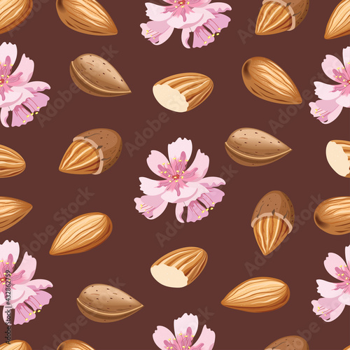 Seamless vector pattern with almond nuts. Vector illustration