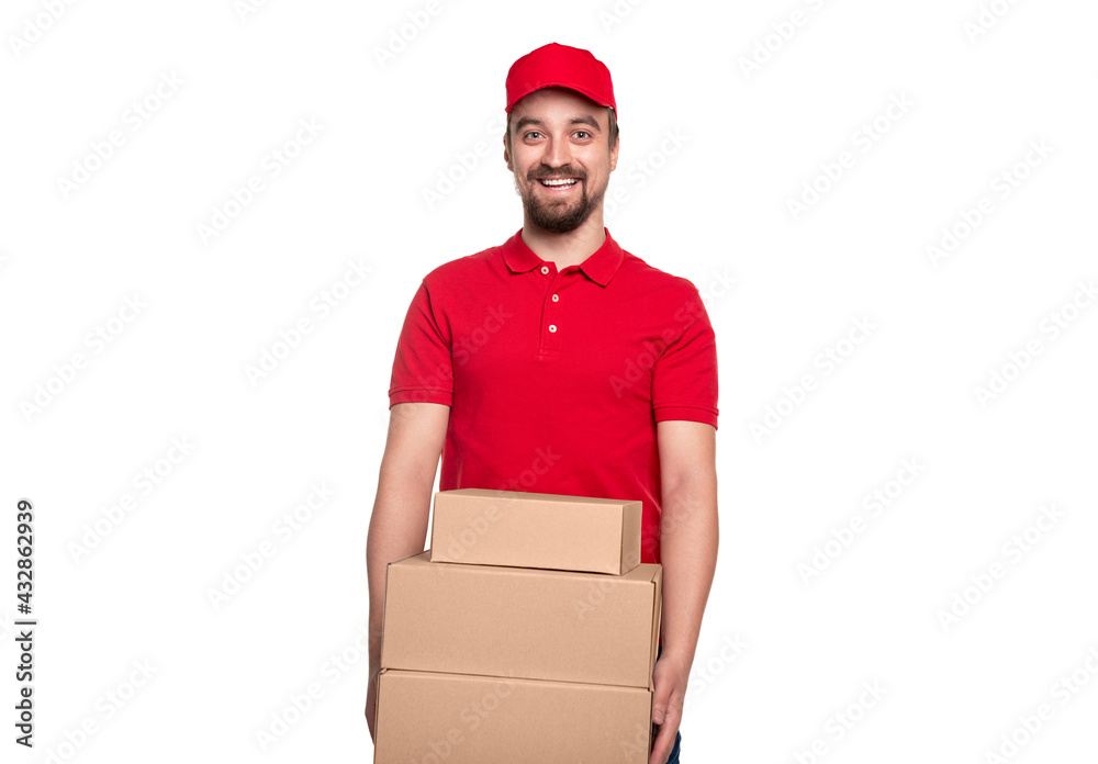 Happy delivery man with carton boxes Happy delivery man with carton boxes